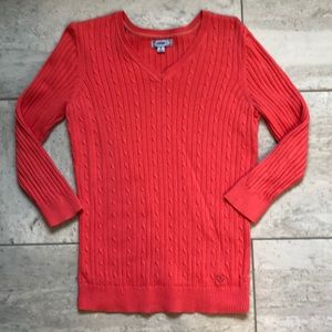 Salmon colored cableknit v-neck